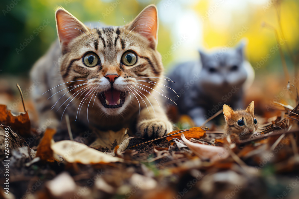 Poster a mouse chasing a cat, depicting a reversal of the usual predator-prey dynamic for laughs. concept o