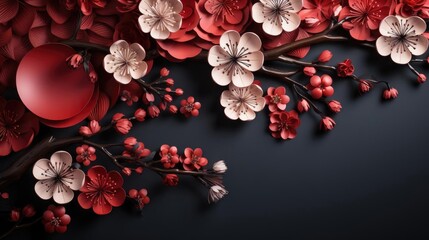 top view of chinese new year background with flower oranament and red background