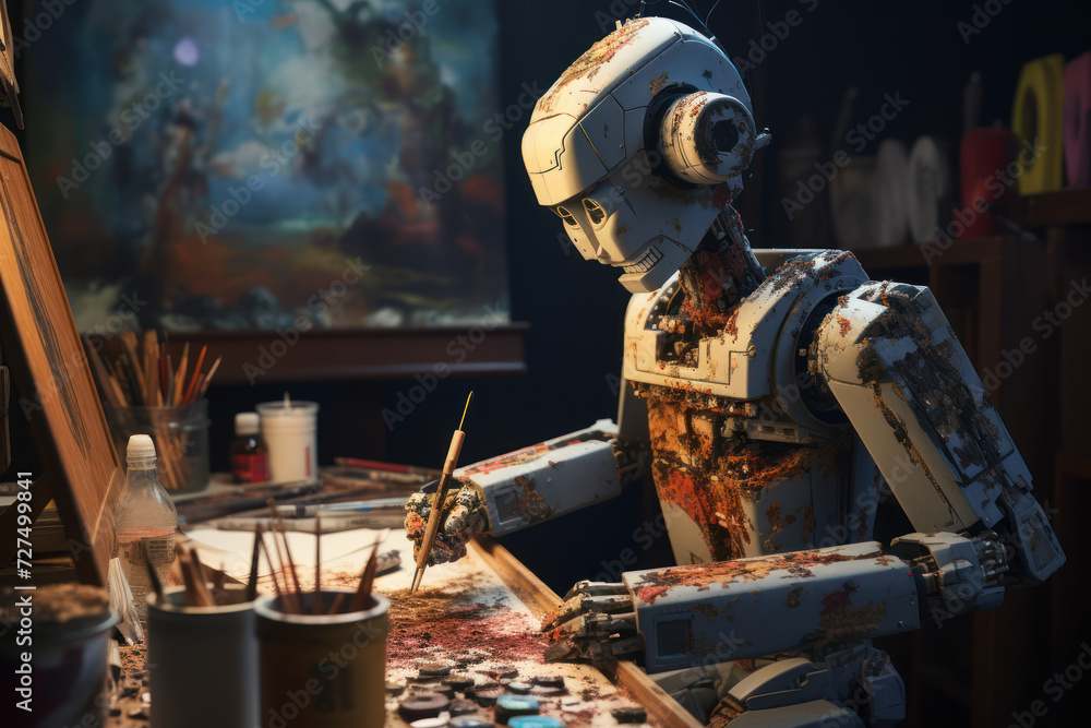 Poster a robot attempting to paint a picture but only drawing circuits, illustrating a robotic perspective 