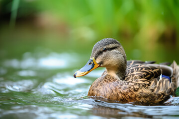 Close-up of a female mallard duck on water with green leaves in the background. Her feathers are brown with intricate patterns, and her beak is yellow with a black tip.