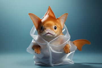 A goldfish wearing a shark fin as a costume, pretending to be fierce in its bowl. Concept of humorous disguise. Generative Ai.