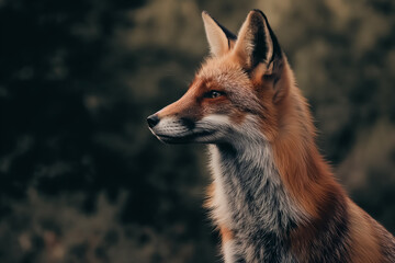 Fototapeta premium A solemn red fox in profile with a dark blurred background.