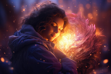 Obraz premium A person hugging themselves, surrounded by a glow, symbolizing self-love and acceptance. Concept of self-compassion. Generative Ai.