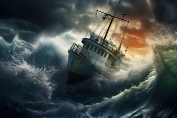 A small boat in a stormy sea, depicting the turmoil and resilience in facing life's challenges....