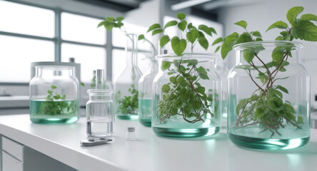 AI generated image inside a clean laboratory with glass jars filled with growing green plants 