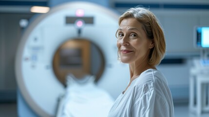 A strong woman facing cancer treatment with courage in the radiotherapy room. Resilient and courageous woman faces treatment with determination and hope.