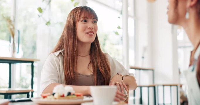 Friends, woman and laughing at cafe with food, breakfast or brunch with social life, conversation and funny chat. Young people relax at startup restaurant, small business or coffee shop for waffles