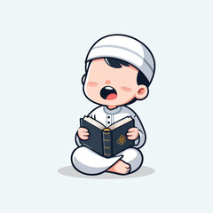 muslim cartoon character is reading Qur'an flat illustration vector