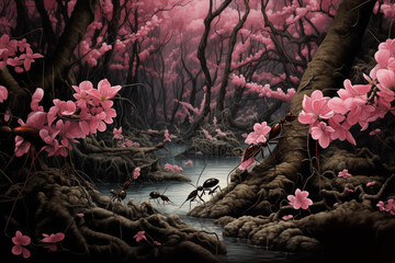 Ants in cherry blossom