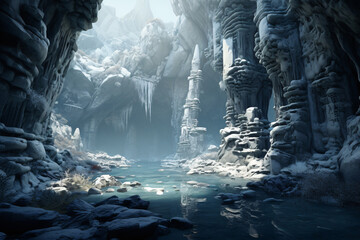 Fantasy Ice Caves Deep Underground - obrazy, fototapety, plakaty