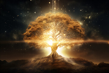 Golden Glowing Tree of Life in Cosmic Space Background