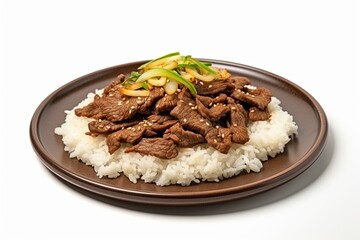 bulgogi with rice on autentic plate. Simple. Detail. Isolated white background. Hyperrealism photography by sony 8k --ar 3:2 Job ID: 401886f7-3c43-49d4-a19a-bdf3940a4166