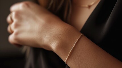 closeup of beautiful female woman slim hand wearing a expensive luxury bracelet on her wrist. wallpaper background - obrazy, fototapety, plakaty