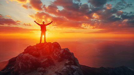 businessman standing on the peak of a high mountain spreading his arms, showing freedom and success, sunset - 727506250
