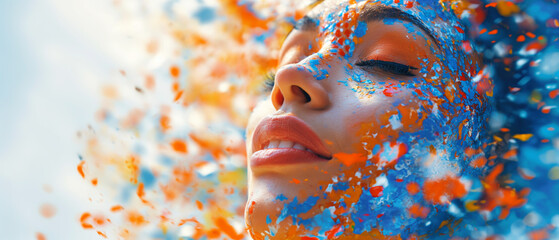 happy woman portrait, colorful paint, splashes, dreaming beauty - 727506415