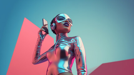 full body shot of a futuristic influencer using a cell phone, she is half robot and wears futuristic neon fashion clothes, afrofuturism - 727506828