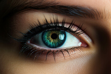 Close-up shot of a woman's eye with dramatic eye makeup