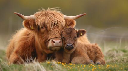 Mother and Calf Highland Cow Embrace