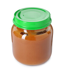 Baby food. Tasty healthy puree in jar isolated on white