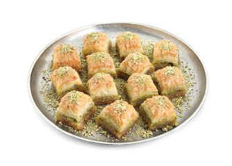 Delicious fresh baklava with chopped nuts isolated on white. Eastern sweets