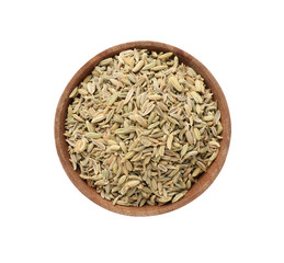 Dry fennel seeds in bowl isolated on white, top view