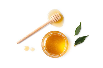 Tasty honey in glass jar, leaves and dipper on white background, flat lay. Space for text