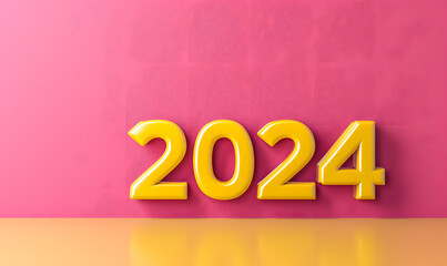 Yellow 3d rendering 2024 text on pink background, Generative AI