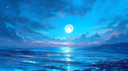 Tranquil Sea Full Moon Watercolor