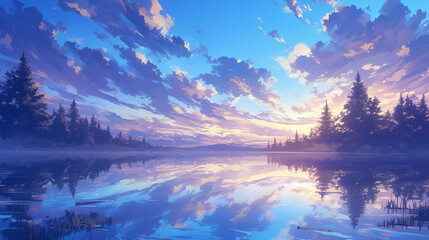 Serene Lake Reflection at Dawn Watercolor