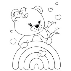 A charming bear on a rainbow with a flower in his hands. Coloring page for children. Print it out and bring it to life with color. Happy Valentine's Day. Vector illustration