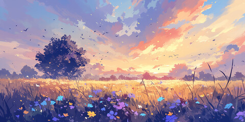 Dawn Over Flower Field Watercolor