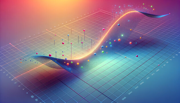 Linear Regression: Serene Data Analysis with Glowing Orbs and Flowing Ribbon
