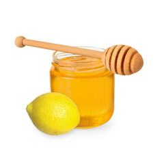 Honey in glass jar, dipper and lemon isolated on white