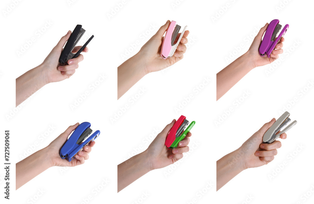 Sticker Woman holding colorful staplers isolated on white, collection of photos