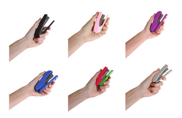 Woman holding colorful staplers isolated on white, collection of photos