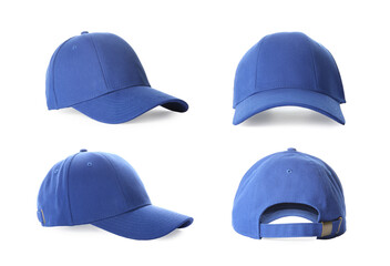 Stylish blue baseball cap isolated on white, set