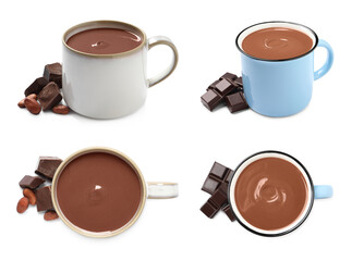 Delicious hot chocolate in cups isolated on white, top and side views