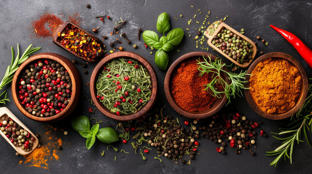 An array of fragrant herbs and spices ready to be used in cooking or baking