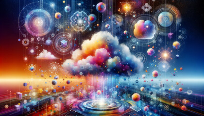 Futuristic Cloud Computing: Vibrant and Whimsical Pop Futurism Art - obrazy, fototapety, plakaty
