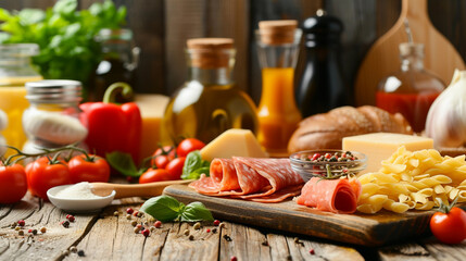 Delicious Feast: An Array of Gastronomic Delights Arranged on a Kitchen Table