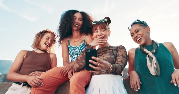 Online, phone and friends outdoor laugh at meme, joke or funny picture on social media. Happy, group and women together with crazy information or watch video on smartphone at beach in Miami summer