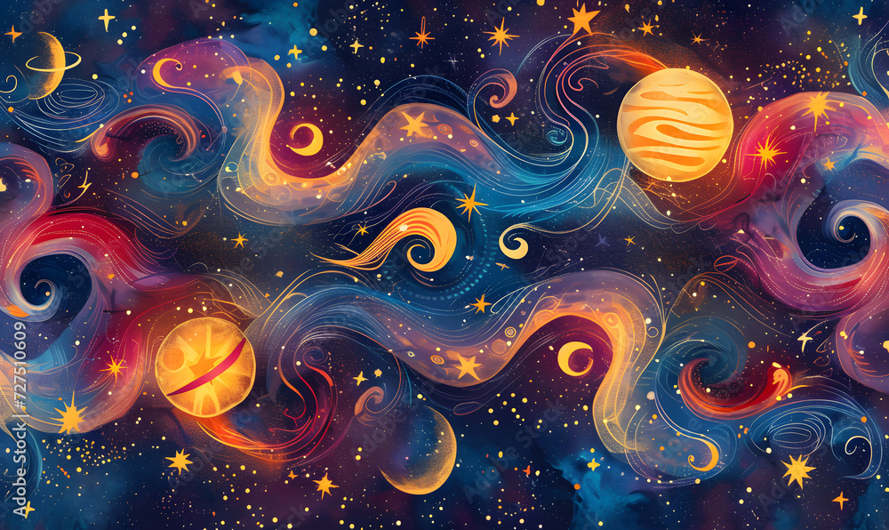 Wall mural seamless pattern illustration background inspired by the cosmos, generative ai