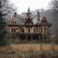 Majestic Abandoned Mansion in a Misty Forest