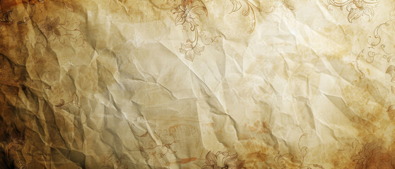 Vintage floral patterns on crumpled paper texture.
