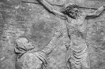 The Crucifixion of Jesus – Fifth Sorrowful Mystery. A relief sculpture on Mount Podbrdo (the Hill of Apparitions) in Medjugorje.