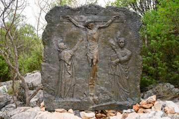 The Crucifixion of Jesus – Fifth Sorrowful Mystery. A relief sculpture on Mount Podbrdo (the Hill...