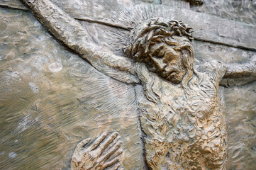 The Crucifixion of Jesus – Fifth Sorrowful Mystery. A relief sculpture on Mount Podbrdo (the Hill of Apparitions) in Medjugorje.