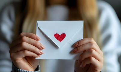 Young woman hands holding an envelope containing a love letter ,Generative AI