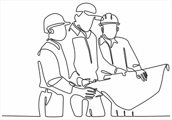 A continuous line drawing of the young foreman manager controlling the construction of the building. Building an architectural business concept. Single line drawing vector graphic design illustration