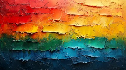 An abstract illustration in impasto painting in the colors of the Lithuanian flag with thick brushstrokes. Impasto painting with bold texture and contrasts of yellow, green and red colors.